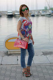 Summer outfit, flamingo blouse, Loriblu shoes, Marc by Marc Jacobs transparent bag, Fashion and Cookies