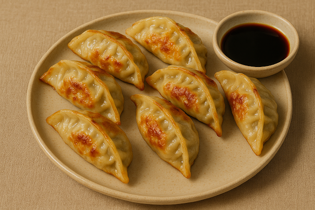 Six golden-brown Korean dumplings are neatly arranged on a beige ceramic plate, accompanied by a small dish of soy sauce on the right. The dumplings feature crispy seared surfaces and pleated edges, highlighted by warm, natural lighting.