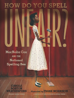 Young Black girl is wearing a white dress with some kind of small read flower or other object dotted around. She is holding onto a microphone stand and has her mouth open to speak. The title is in gold letters and there is a red curtain behind MacNolia.