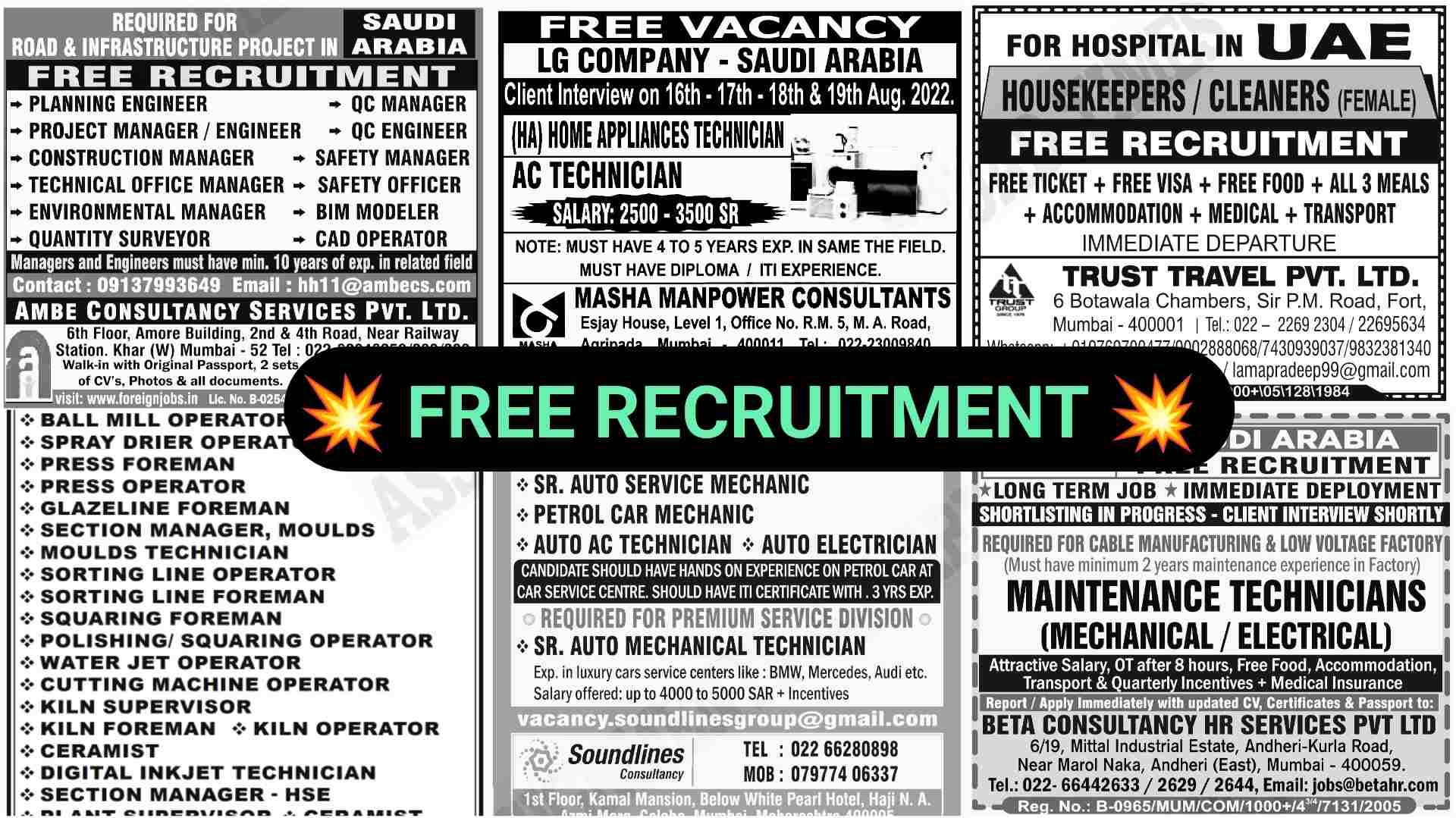 FREE REQUIREMENT ABROAD JOBS 10 aug 2022