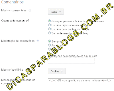 configurações dos comentarios do blogger