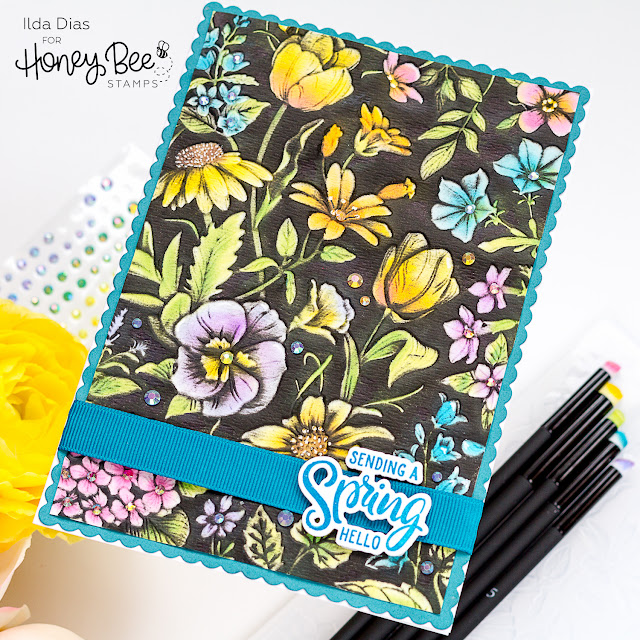 Spring, Hello Card, 3D Blackout Embossing Folder Technique, Honey Bee Stamps, Sandie's Garden, ink  blending, distress oxide inks, how to, hand made card, Stamps, stamping, die cutting, card making, ilovedoingallthingscrafty,