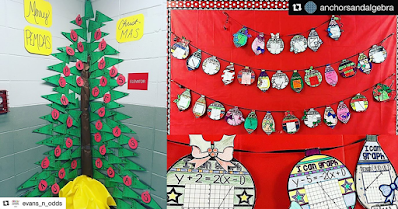 Teachers are so creative! This post is filled with photos teachers have sent of their math classrooms and of the Christmas math activities they used to decorate their classroom walls and classroom doors. There are ideas for decorating with fractions, for middle school and even creating a Christmas tree out of math pennants!