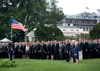 President George W. Bush and Mrs. Laura Bush are joined by Vice President Dick Cheney and Mrs. Lynne Cheney Tuesday, Sept. 11, 2007, on the South Lawn of the White House for a moment of silence in memory of those who died Sept. 11, 2001. White House photo by David Bohrer.