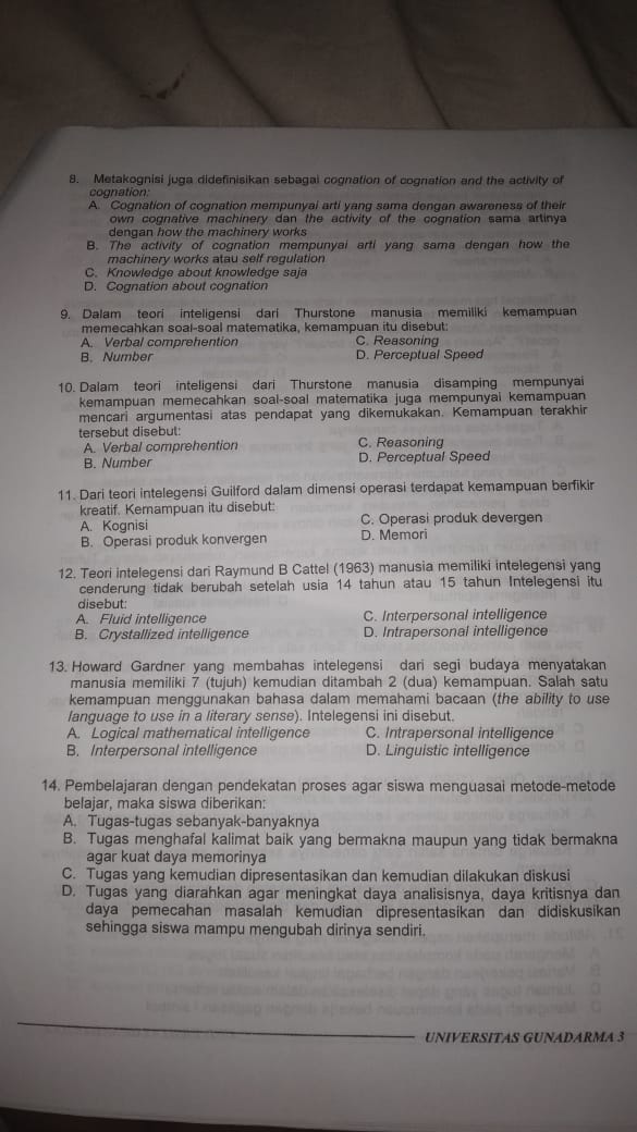 Kumpulan Tugas: Soal Ujian Utama Psikologi Pendidikan | Psikologi | Universitas Gunadarma