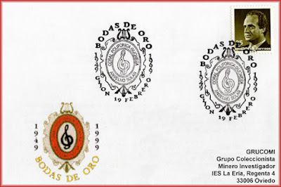 Tarjeta con el matasellos de las Bodas de Oro de la Coral Polifónica Gijonesa