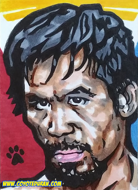 Manny Pacquiao, 2.5" X 3.5", Micron pen and Copic Marker on Bristol Board sketch card. Art by Coyote Duran