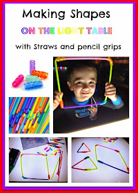 straws and pencil grips on the light table