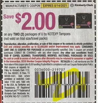 $2.00/2 U by Kotex Tampons Coupon from "SMARTSOURCE" insert week of 7/25/21.