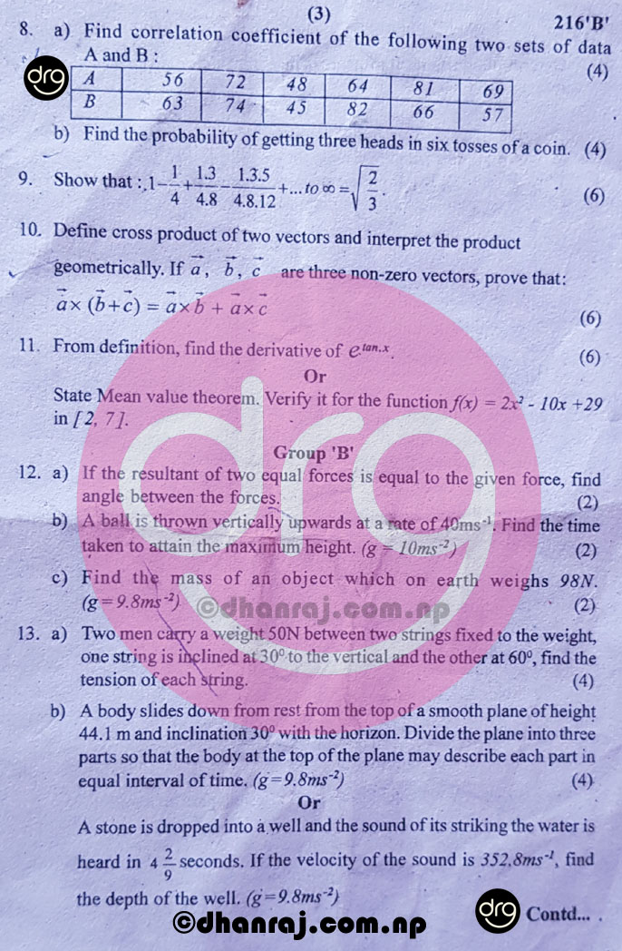 Mathematics Grade 12 Xii Question Paper 2076 2019 Sub Code 216 B Neb