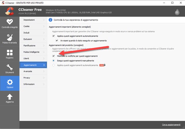 impostare gli aggiornamenti di ccleaner