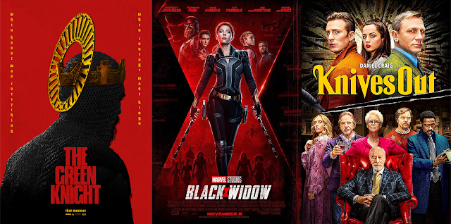 Movie posters for “The Green Knight,” “Black Widow,” and “Knives Out.”