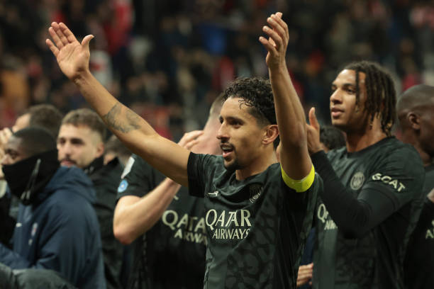 Marquinhos of PSG salutes the supporters