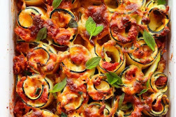 Vegetarian Zucchini Lasagna Rolls filled with spinach, ricotta, and a chunky hom