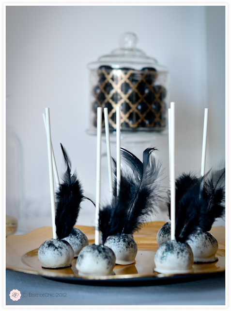 New Year's Eve party gold and black cake pop feathers from BistrotChic