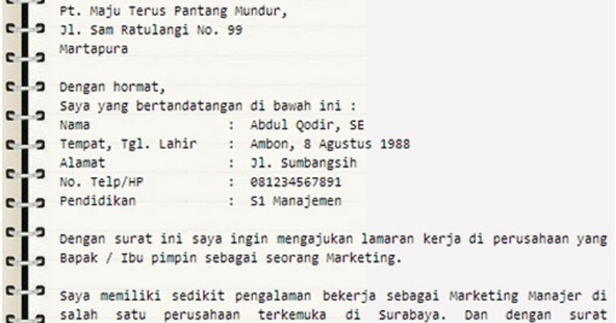 Contoh Surat Lamaran Kerja Di Kantor Dinas Lingkungan Hidup