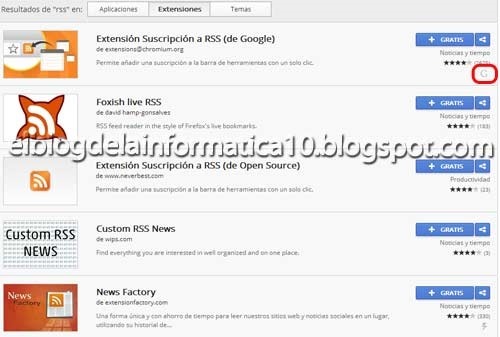 Pantalla de resultados de la búsqueda de extensiones