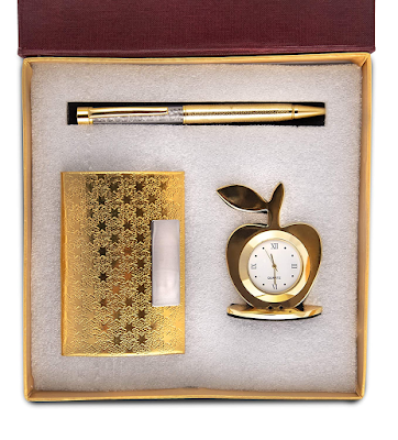 Celebr8 3 in 1 Golden Corporate Gift Set with Apple Clock, Crystal Pen, Business Card Holder