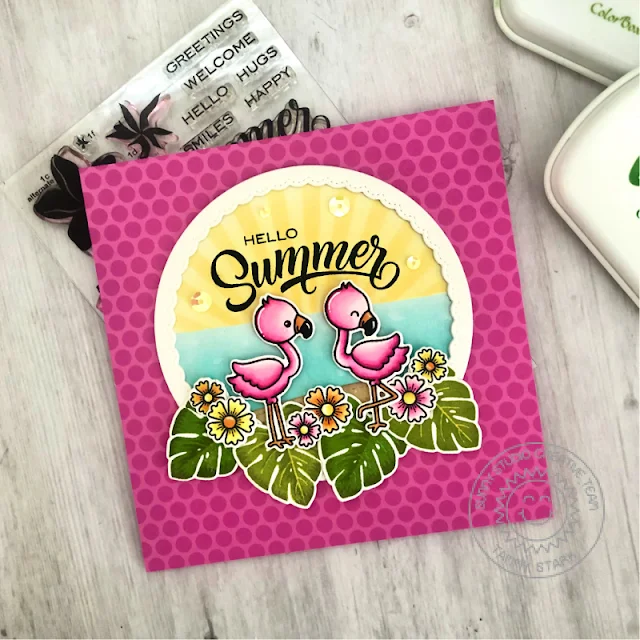 Sunny Studio Stamps: Radiant Plumeria Fabulous Flamingos Fancy Frame Dies Woodland Border Dies Summer Themed Card by Tammy Stark