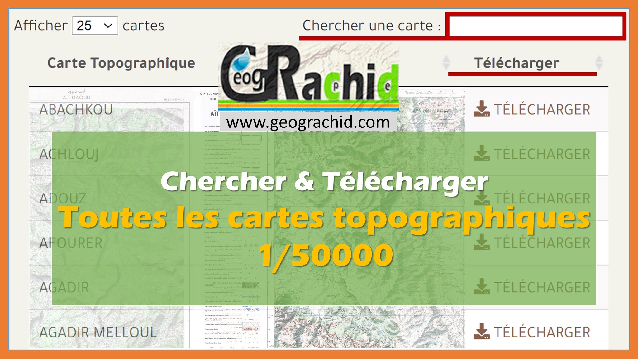 Tableau pour trouver et télécharger toutes les cartes topographiques du Maroc 1/50000