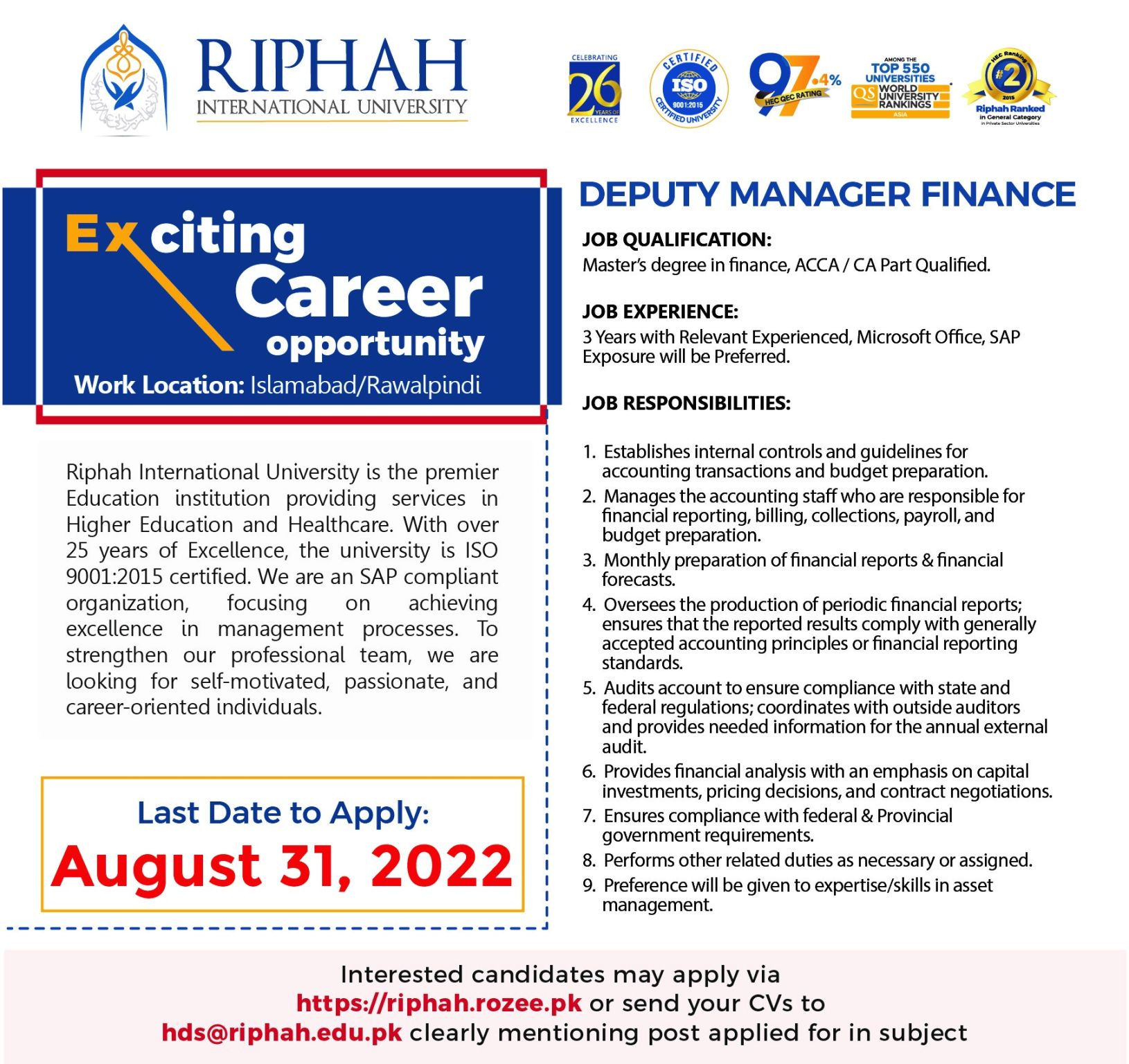 Riphah International University Jobs 2022