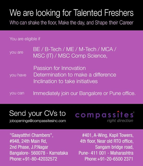 Compassites Software hiring BE/BTech/ME/MTech/MCA/MSC freshers @ Bangalore