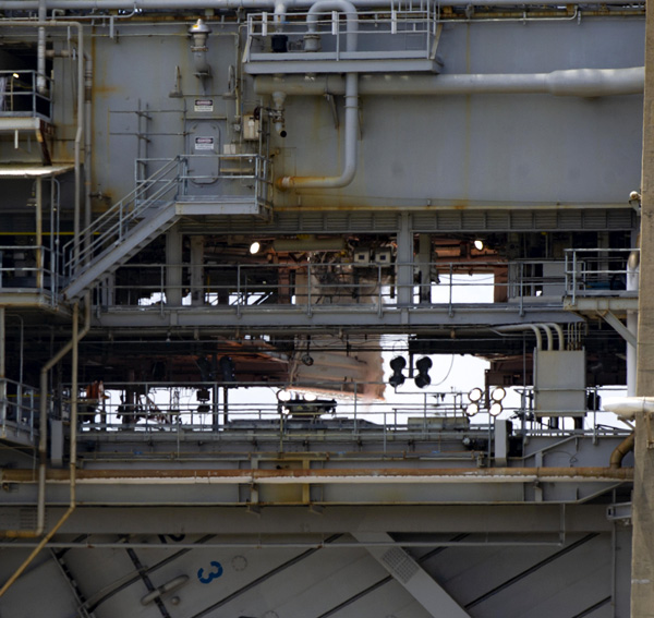 A redesigned RS-25 engine can be seen gimbaling inside the Fred Haise Test Stand during a 12-minute-long hot fire at NASA's Stennis Space Center in Mississippi...on April 26, 2023.