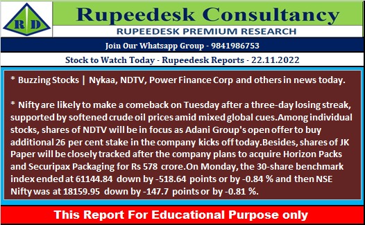 Stock to Watch Today - Rupeedesk Reports - 22.11.2022