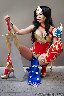 Yaya Han crouching as Wonder Woman