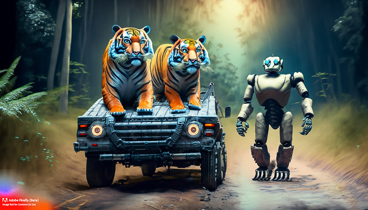 As the early morning sun began to peek through the dense canopy of the forest, the Tiger King, Raja, emerged from his den. He was a majestic Bengal Tiger with a beautiful coat of orange and black stripes. Today, Raja was feeling adventurous and wanted to explore the vast jungle surrounding his kingdom. So, he decided to take a drive through the forest in his custom-built safari jeep.