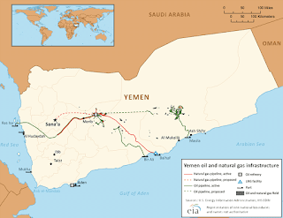 Mapa de depósitos y tuberías en Yemen