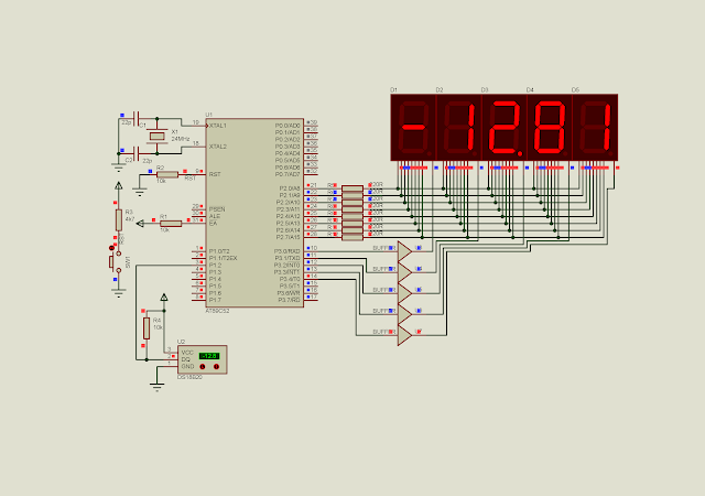 AT89C52 interfaces to a one wire DS18B20 digital thermometer