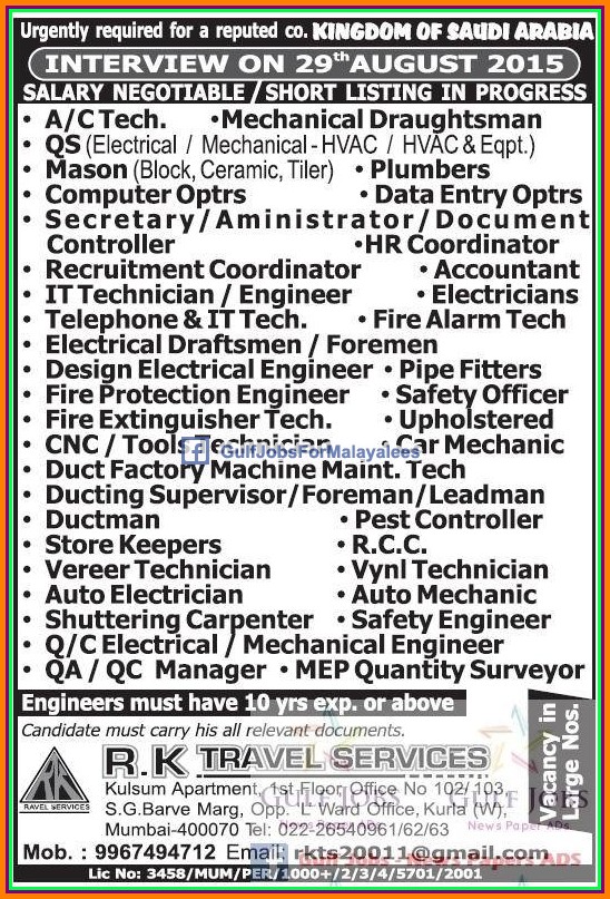 Saudi Arabia reputed company urgent job vacancies