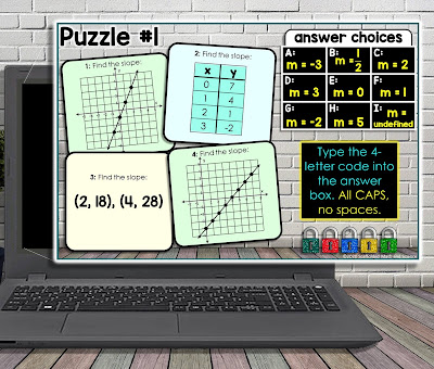 Finding Slope Digital Math Escape Room, puzzle #1 - finding the slope given graphs, tables and pairs of coordinate points