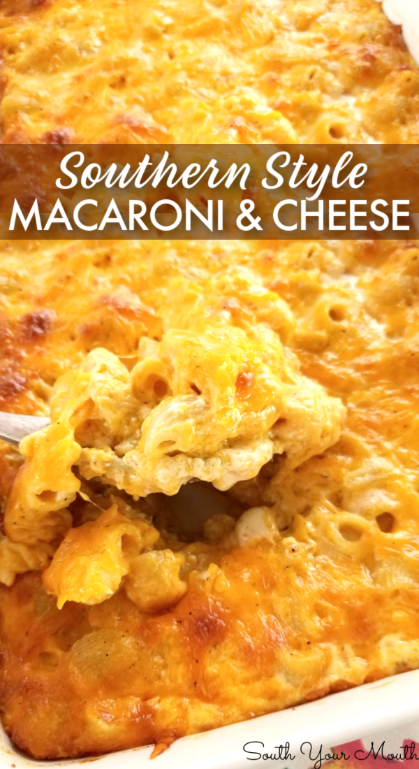 Southern-Style Macaroni & Cheese! My grandmama’s recipe for Southern Mac & Cheese made the traditional “custard-style” way using eggs and evaporated milk then baked to golden, cheesy perfection.