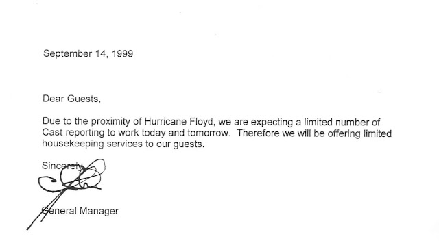 Hurricane Floyd Disney's All Star Sports Limited Housekeeping Announcements