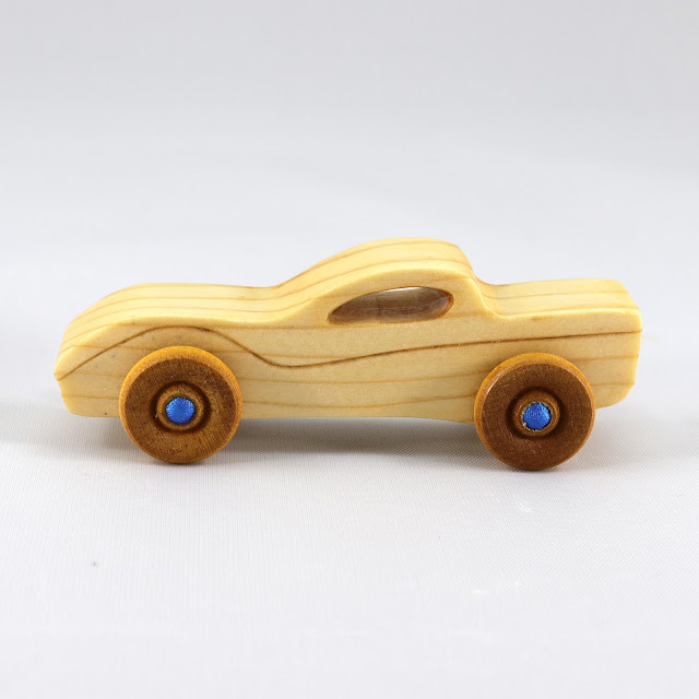 Wood Toy Car, Handmade and Finished with Beeswax, Amber Shellac, and Metallic Saphire Blue Acrylic Paint, Itty Bitty Coupe