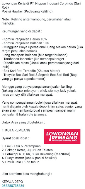 Lowongan Kerja Pegawai Pedagan Keliling PT Nippon Indosari Corpindo Sari Roti Rembang dan Sekitarnya