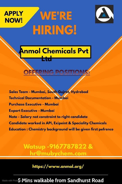 Anmol Chemical Hiring For Sales/ Technical Documentation/ Purchase/ Export