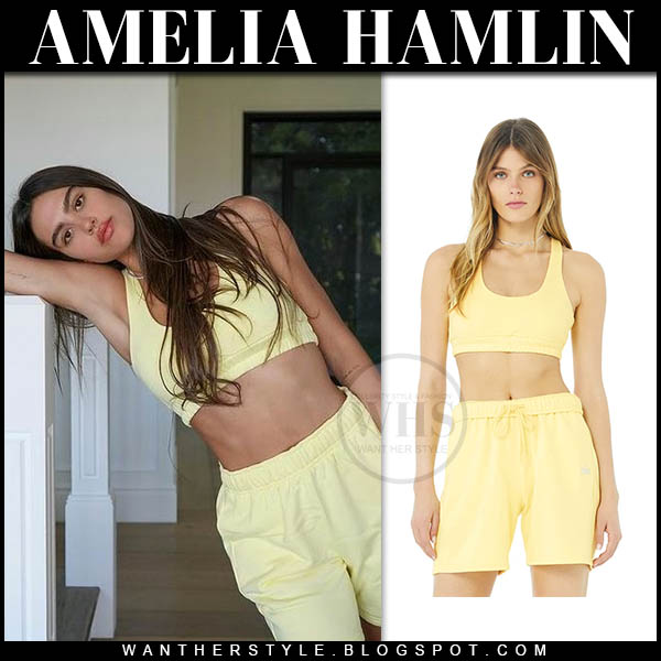 Amelia Hamlin in yellow cropped top and yellow shorts