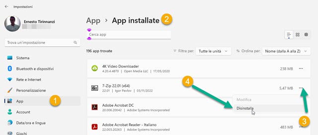 disinstallare app windows