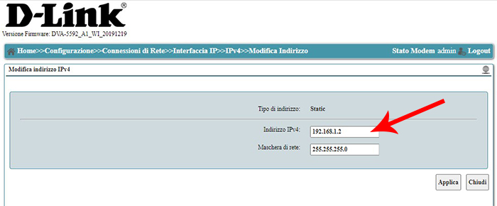 Modifica indirizzo IPv4 modem DVA-5592