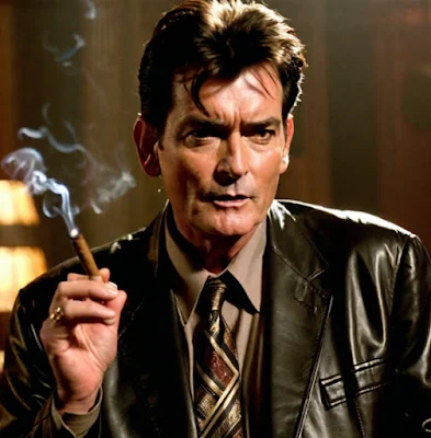 Charlie Sheen from the chest up wearing a black leather blazer and smoking a cigar