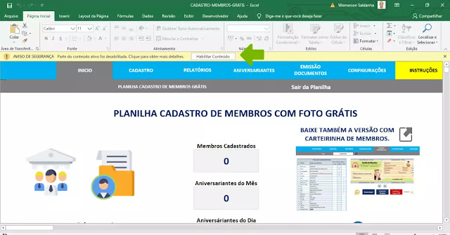 Cadastro de Membros de Igreja Planilha em Excel