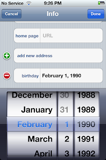 Screen shot of add birthday field option for a contact's info in iPhone 4S.