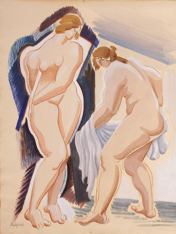 Two Nude Female Figures with a Cloth by Alexander Archipenko - Nude Drawings from Hermitage Museum