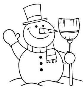 Christmas snowman with scarf,fez in hand, and cap on head, carrot nose coloring page picture