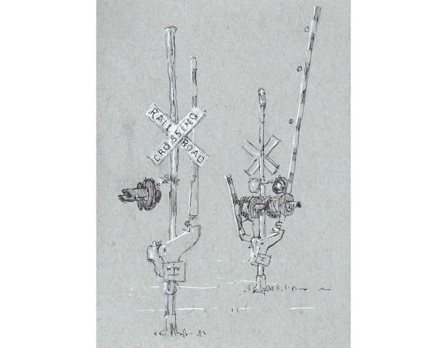 Ink sketch  of railroad crossing signals on toned gray paper
