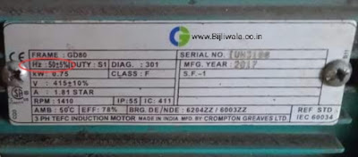 Name plate of 0.75kw Crompton Greaves 3phase Induction Motor