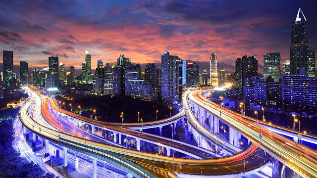 Hong Kong China City Night Lights Highway Skyscrapers Buildings HD Wallpaper